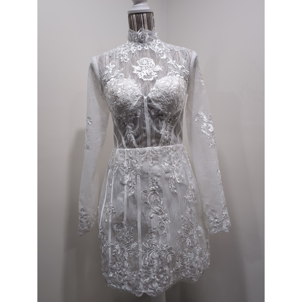Women's White Lace Applique High Neck Short Wedding Dress Angel Whimsy Coquette